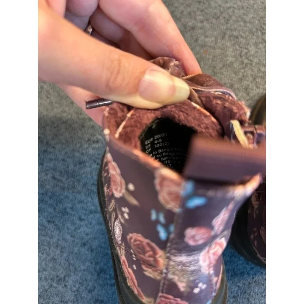 H&M Girls Velvet Plum Floral Combat Boots